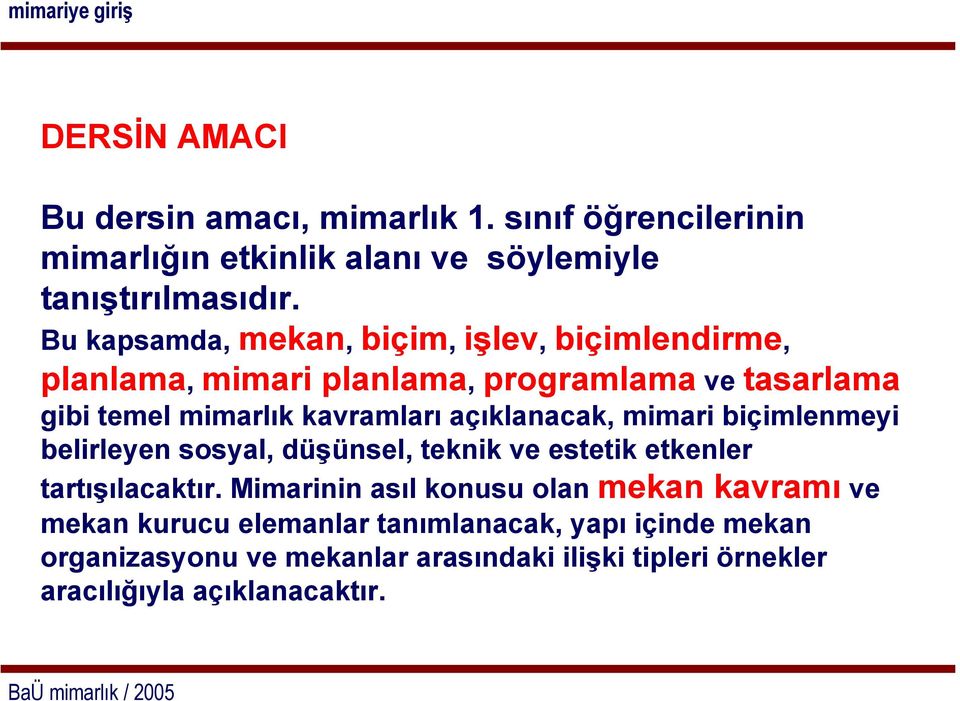 açıklanacak, mimari biçimlenmeyi belirleyen sosyal, düşünsel, teknik ve estetik etkenler tartışılacaktır.