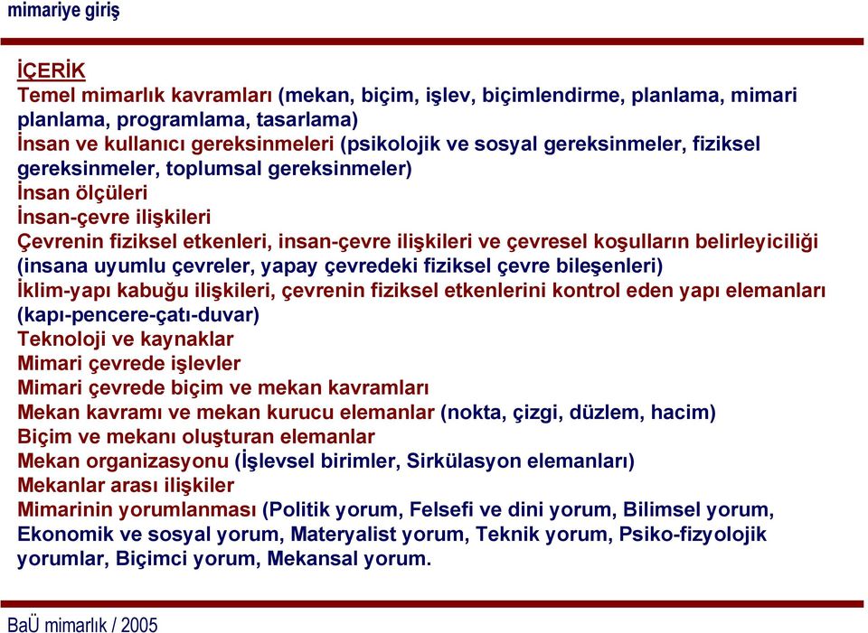 çevreler, yapay çevredeki fiziksel çevre bileşenleri) İklim-yapı kabuğu ilişkileri, çevrenin fiziksel etkenlerini kontrol eden yapı elemanları (kapı-pencere-çatı-duvar) Teknoloji ve kaynaklar Mimari