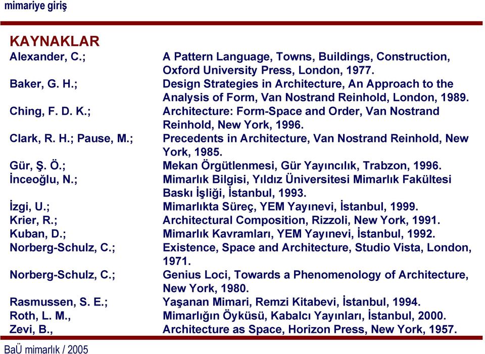 ; Architecture: Form-Space and Order, Van Nostrand Reinhold, New York, 1996. Clark, R. H.; Pause, M.; Precedents in Architecture, Van Nostrand Reinhold, New York, 1985. Gür, Ş. Ö.