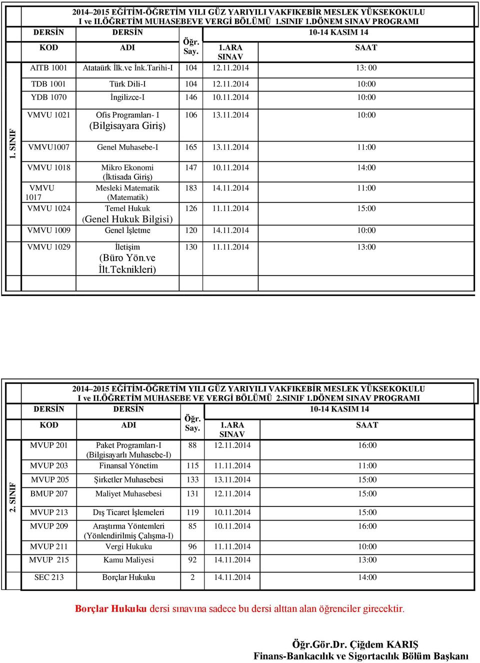 11.2014 15:00 (Genel Hukuk Bilgisi) VMVU 1009 Genel İşletme 120 14.11.2014 10:00 VMVU 1029 İletişim (Büro Yön.ve İlt.Teknikleri) 130 11.11.2014 13:00 I ve II.ÖĞRETİM MUHASEBE VE VERGİ BÖLÜMÜ 2.