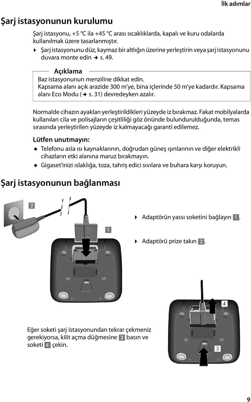 Kapsama alanı açık arazide 300 m'ye, bina içlerinde 50 m'ye kadardır. Kapsama alanı Eco Modu ( s. 31) devredeyken azalır. Normalde cihazın ayakları yerleştirildikleri yüzeyde iz bırakmaz.