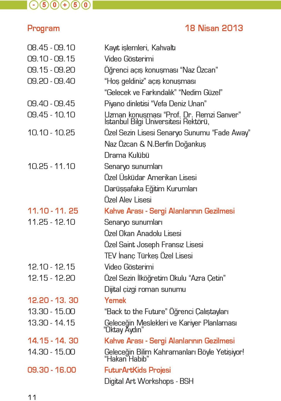 Remzi Sanver İstanbul Bilgi Üniversitesi Rektörü, 10.10-10.25 Özel Sezin Lisesi Senaryo Sunumu Fade Away Naz Özcan & N.Berfin Doğankuş Drama Kulübü 10.25-11.