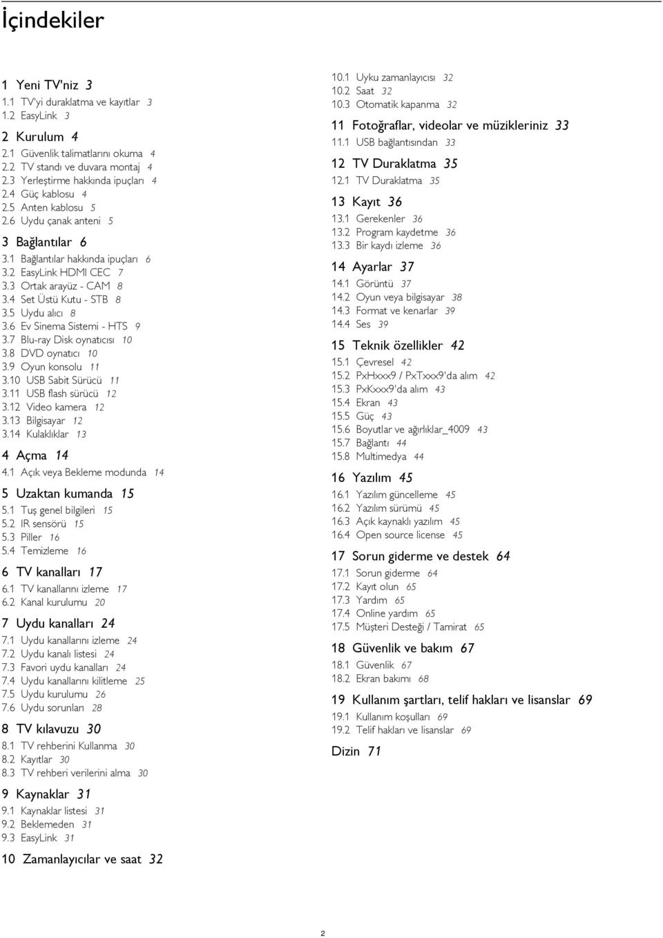 1 USB bağlantısından 33 Güvenlik talimatlarını okuma 4 TV standı ve duvara montaj 4 Yerleştirme hakkında ipuçları 4 Güç kablosu 4 Anten kablosu 5 Uydu çanak anteni 5 12 TV Duraklatma 35 12.