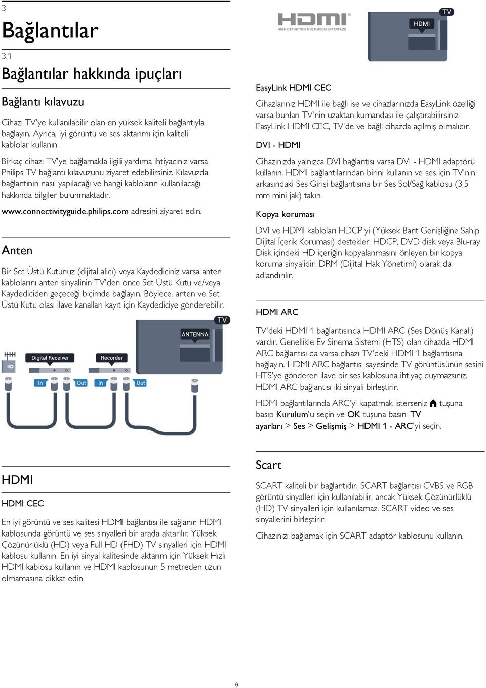 EasyLink HDMI CEC, TV'de ve bağlı cihazda açılmış olmalıdır. Cihazı TV'ye kullanılabilir olan en yüksek kaliteli bağlantıyla bağlayın.