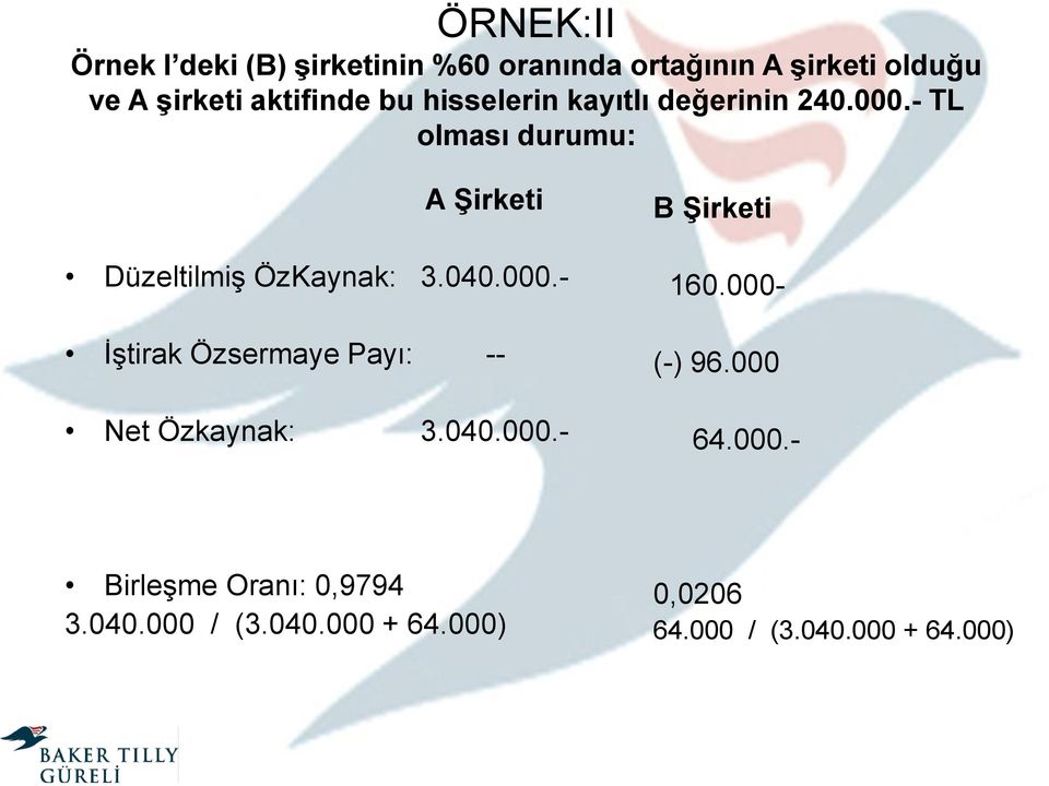 - TL olması durumu: A Şirketi B Şirketi Düzeltilmiş ÖzKaynak: 3.040.000.