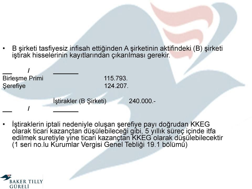 - İştiraklerin iptali nedeniyle oluşan şerefiye payı doğrudan KKEG olarak ticari kazançtan düşülebileceği gibi, 5