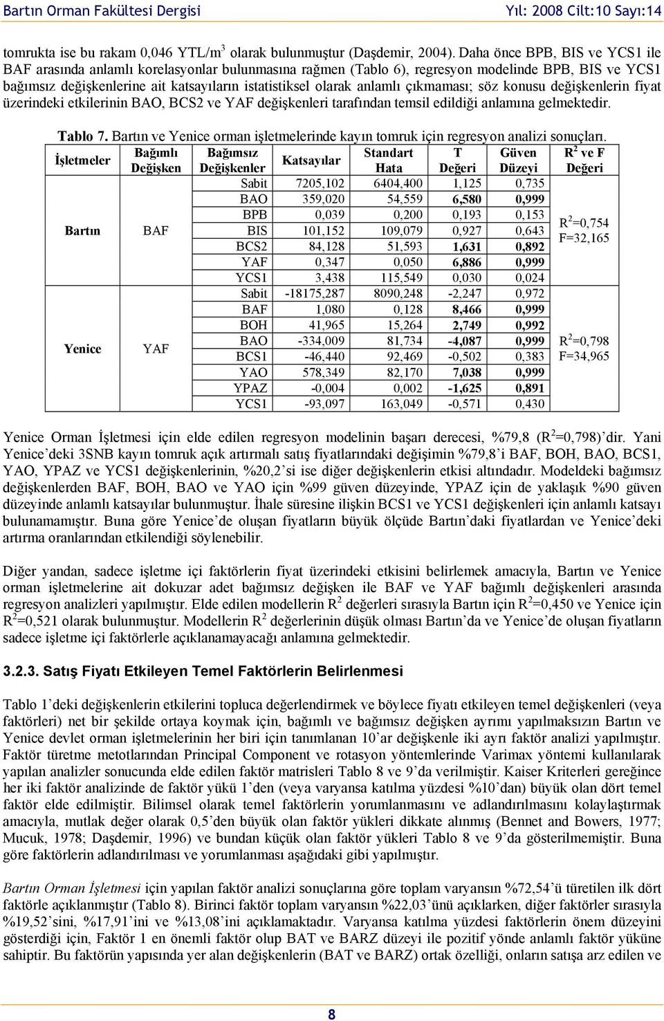 çıkmaması; söz knusu değişkenlerin fiyat üzerindeki etkilerinin BAO, BCS2 ve YAF değişkenleri tarafından temsil edildiği anlamına gelmektedir. Tabl 7.