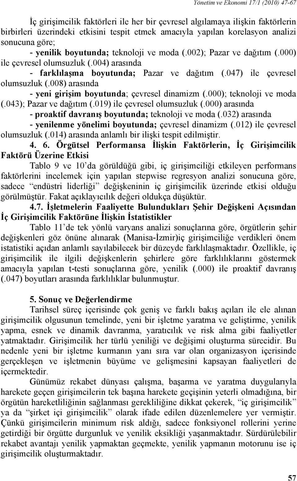 047) ile çevresel olumsuzluk (.008) arasında - yeni girişim boyutunda; çevresel dinamizm (.000); teknoloji ve moda (.043); Pazar ve dağıtım (.019) ile çevresel olumsuzluk (.