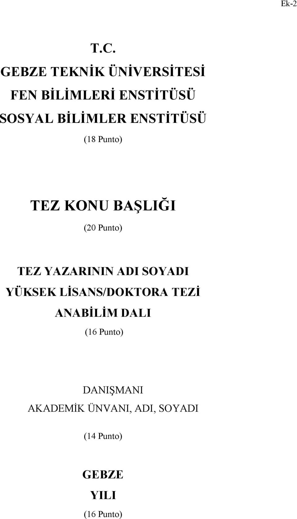 BİLİMLER ENSTİTÜSÜ (18 Punto) TEZ KONU BAŞLIĞI (20 Punto) TEZ