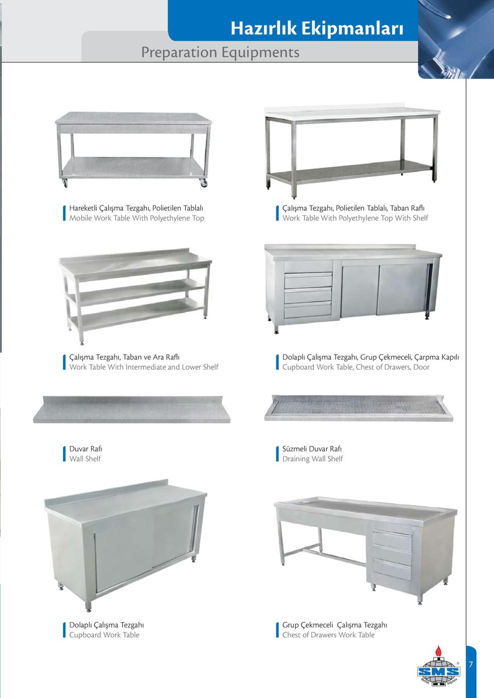 Intermediate and Lower Shelf Dolaplı Çalışma Tezgahı, Grup Çekmeceli, Çarpma Kapılı Cupboard Work Table, Chest of Drawers, Door Duvar Rafı