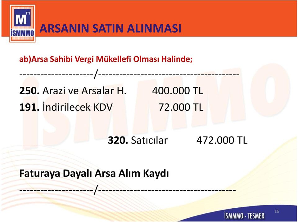 Arazi ve Arsalar H. 400.000 TL 191. İndirilecek KDV 72.000 TL 320. Satıcılar 472.