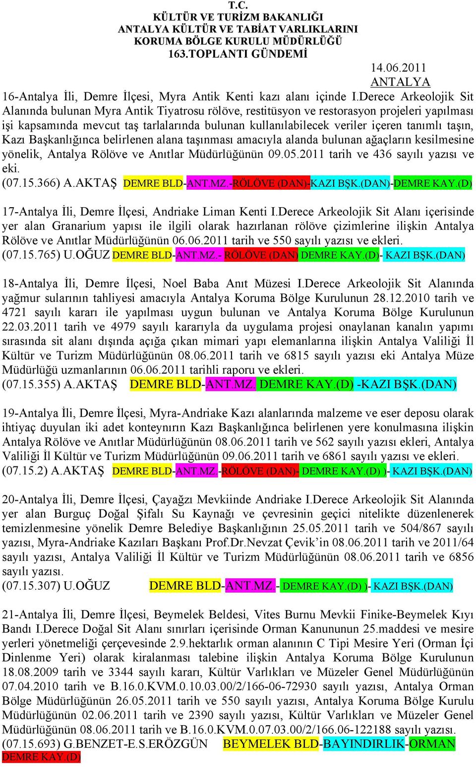 tanımlı taşın, Kazı Başkanlığınca belirlenen alana taşınması amacıyla alanda bulunan ağaçların kesilmesine yönelik, Antalya Rölöve ve Anıtlar Müdürlüğünün 09.05.2011 tarih ve 436 sayılı yazısı ve eki.