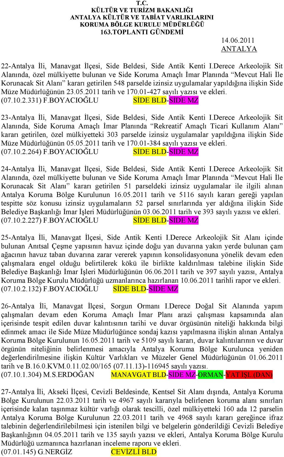 Side Müze Müdürlüğünün 23.05.2011 tarih ve 170.01-427 sayılı yazısı ve ekleri. (07.10.2.331) F.BOYACIOĞLU SİDE BLD-SİDE MZ 23-Antalya İli, Manavgat İlçesi, Side Beldesi, Side Antik Kenti I.