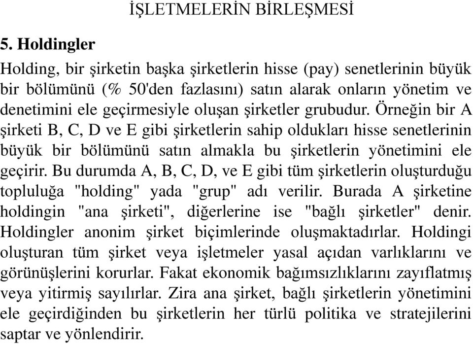 Bu durumda A, B, C, D, ve E gibi tüm şirketlerin oluşturduğu topluluğa "holding" yada "grup" adı verilir. Burada A şirketine holdingin "ana şirketi", diğerlerine ise "bağlı şirketler" denir.