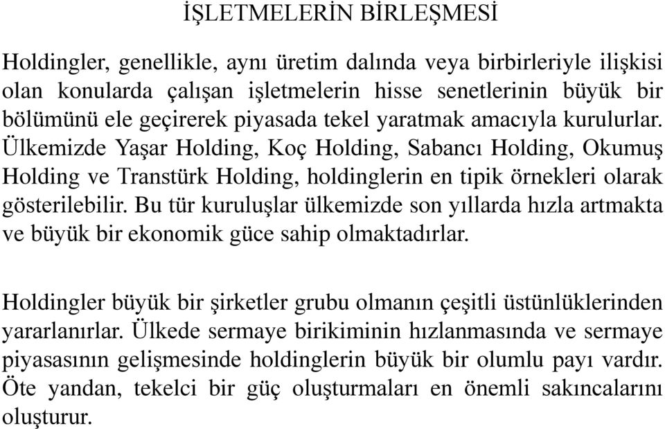 Bu tür kuruluşlar ülkemizde son yıllarda hızla artmakta ve büyük bir ekonomik güce sahip olmaktadırlar. Holdingler büyük bir şirketler grubu olmanın çeşitli üstünlüklerinden yararlanırlar.