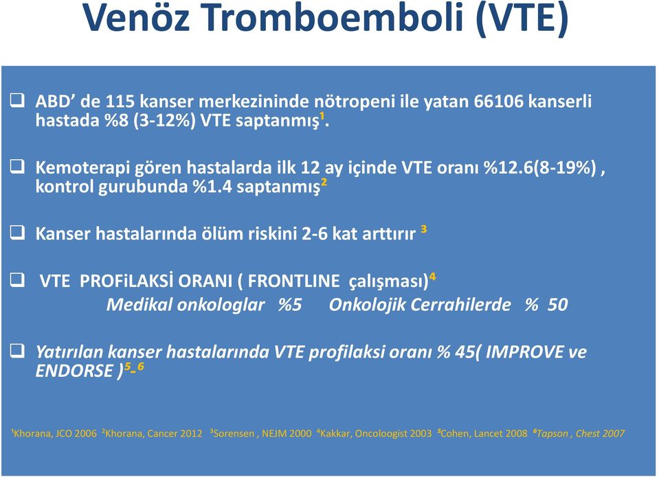 4 saptanmış² Kanser hastalarında ölüm riskini 2-6 kat arttırır ³ VTE PROFiLAKSİ ORANI ( FRONTLINE çalışması)⁴ Medikal onkologlar %5 Onkolojik