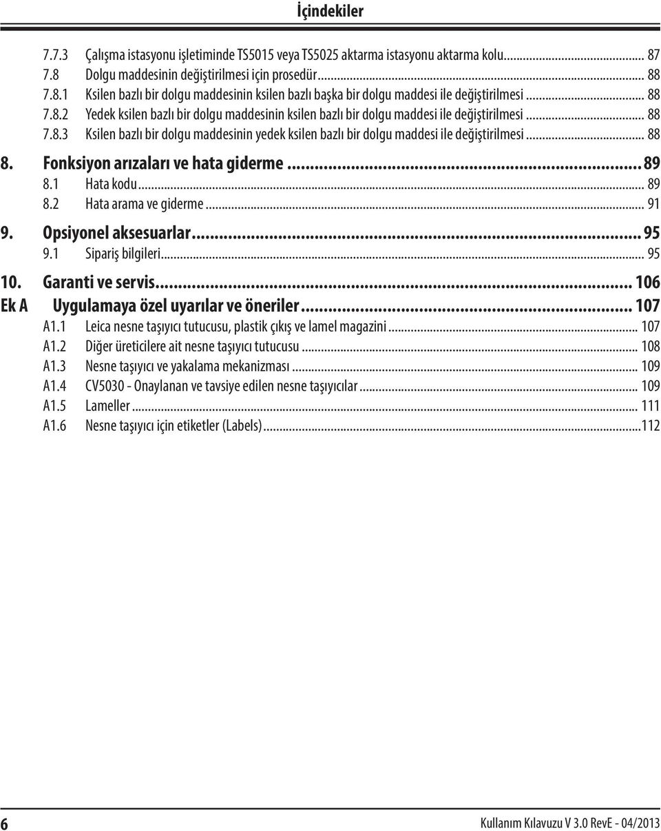 .. 88 8. Fonksiyon arızaları ve hata giderme... 89 8.1 Hata kodu... 89 8.2 Hata arama ve giderme... 91 9. Opsiyonel aksesuarlar... 95 9.1 Sipariş bilgileri... 95 10. Garanti ve servis.