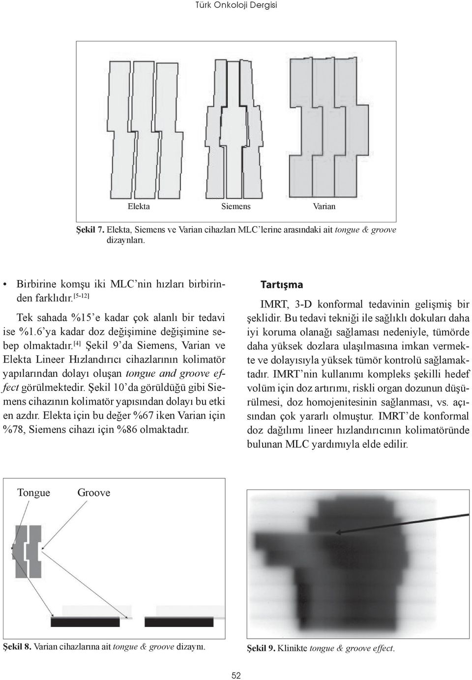 [4] Şekil 9 da Siemens, Varian ve Elekta Lineer Hızlandırıcı cihazlarının kolimatör yapılarından dolayı oluşan tongue and groove effect görülmektedir.