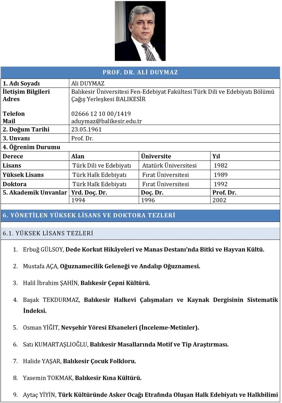 edu.tr 2. Doğum Tarihi 23.05.1961 3. Unvanı Prof. Dr. 4.