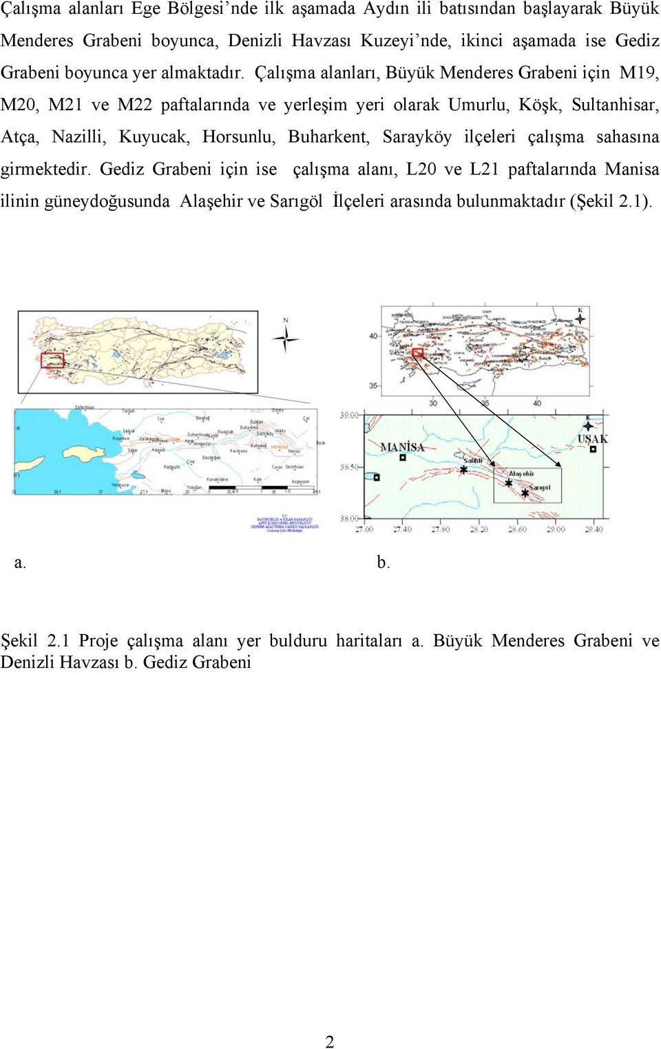 Çalışma alanları, Büyük Menderes Grabeni için M19, M20, M21 ve M22 paftalarında ve yerleşim yeri olarak Umurlu, Köşk, Sultanhisar, Atça, Nazilli, Kuyucak, Horsunlu,