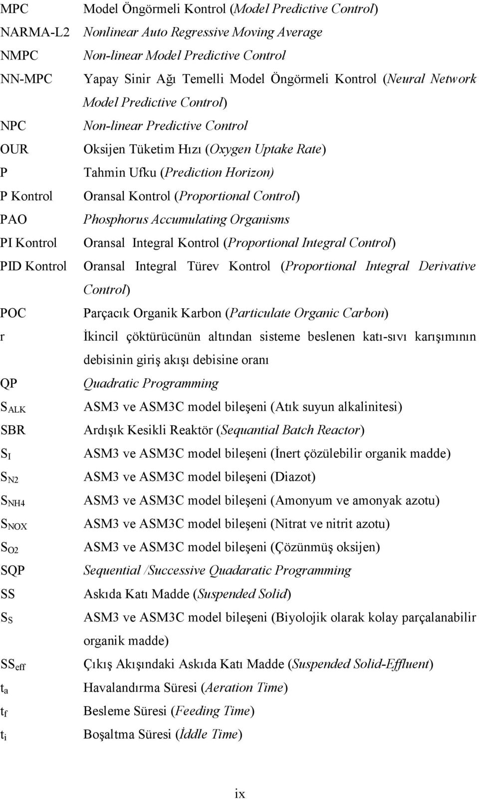 (Proportional Control) PAO Phosphorus Accumulating Organisms PI Kontrol Oransal Integral Kontrol (Proportional Integral Control) PID Kontrol Oransal Integral Türev Kontrol (Proportional Integral