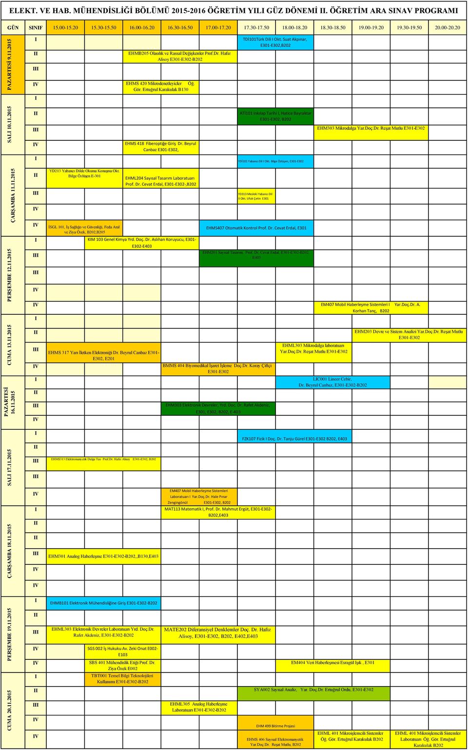 Suat Akpınar,, SAL 10.11.2015 EHMS 418 Fiberoptiğe Giriş Dr. Beyrul Canbaz, ATİ101 nkılap Tarihi, Hatice Bayraktar, EHM303 Mikrodalga Yar.Doç.Dr. Reşat Mutlu YDİ101 Yabancı Dil Okt.