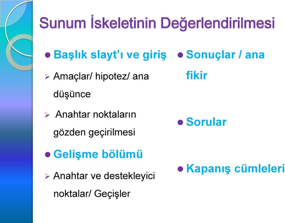 gözden geçirilmesi Gelişme bölümü Anahtar ve destekleyici