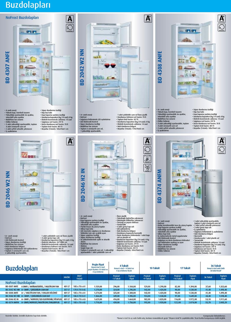 (kg/24 saat): 8 kg Elektrik kesintisinde saklama: 14 saat Soğutucu net hacim: 297 lt Derin dondurucu net hacim: 78 lt brüt hacim: 401 lt Boyutlar (YxGxD): 185x70x61 cm A+ sınıfı enerji NoFrost