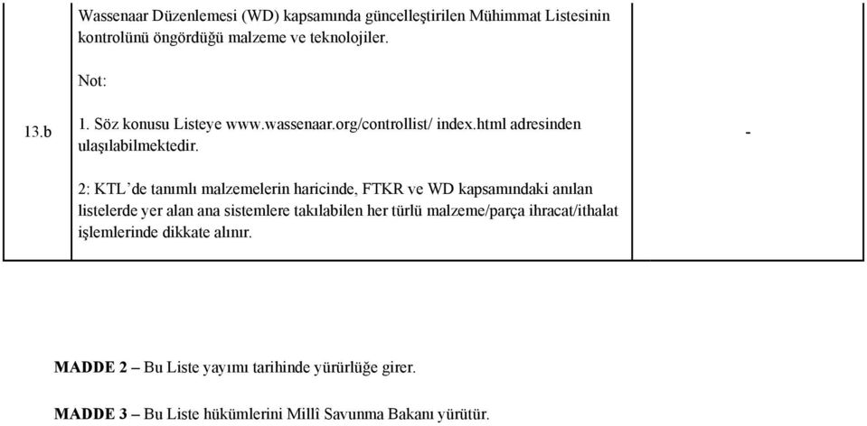 2: KTL de tanımlı malzemelerin haricinde, FTKR ve WD kapsamındaki anılan listelerde yer alan ana sistemlere takılabilen her türlü