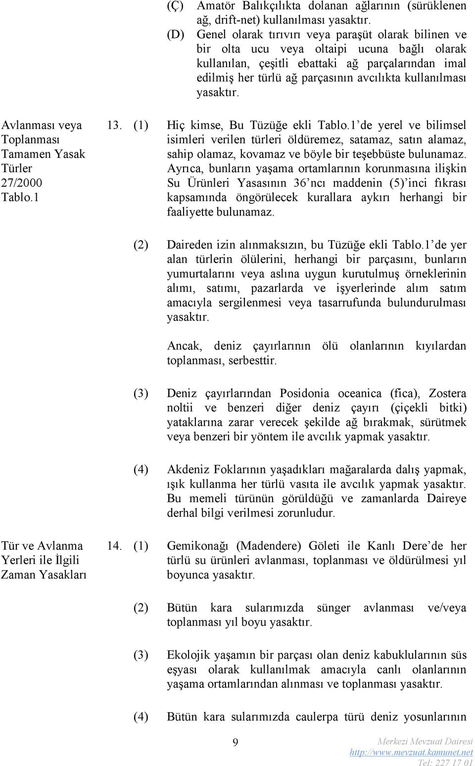 kullanılması yasaktır. Avlanması veya Toplanması Tamamen Yasak Türler 27/2000 Tablo.1 13. (1) Hiç kimse, Bu Tüzüğe ekli Tablo.