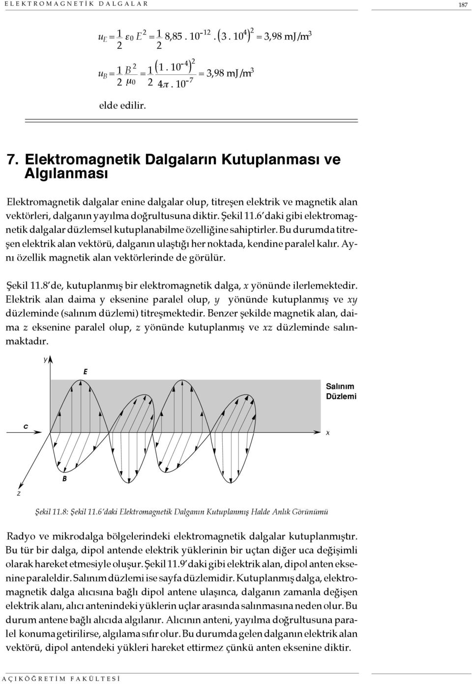 Elektromagnetik Dalgaların Kutuplanması ve Algılanması Elektromagnetik dalgalar enine dalgalar olup, titreşen elektrik ve magnetik alan vektörleri, dalganın yayılma doğrultusuna diktir. Şekil 11.