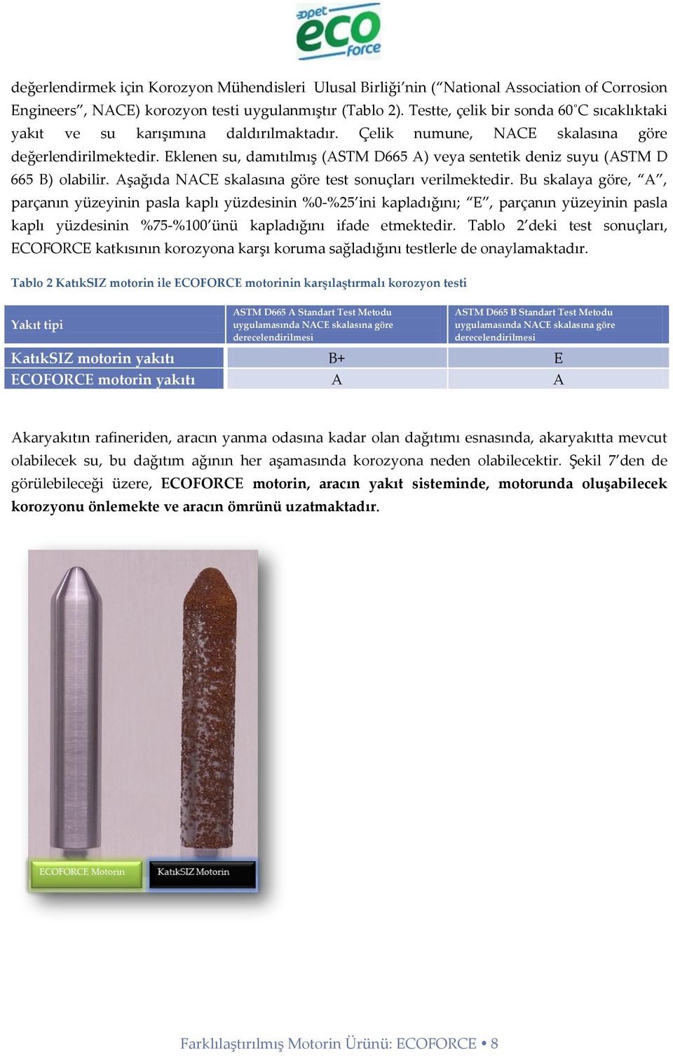 Eklenen su, damıtılmış (ASTM D665 A) veya sentetik deniz suyu (ASTM D 665 B) olabilir. Aşağıda NACE skalasına göre test sonuçları verilmektedir.