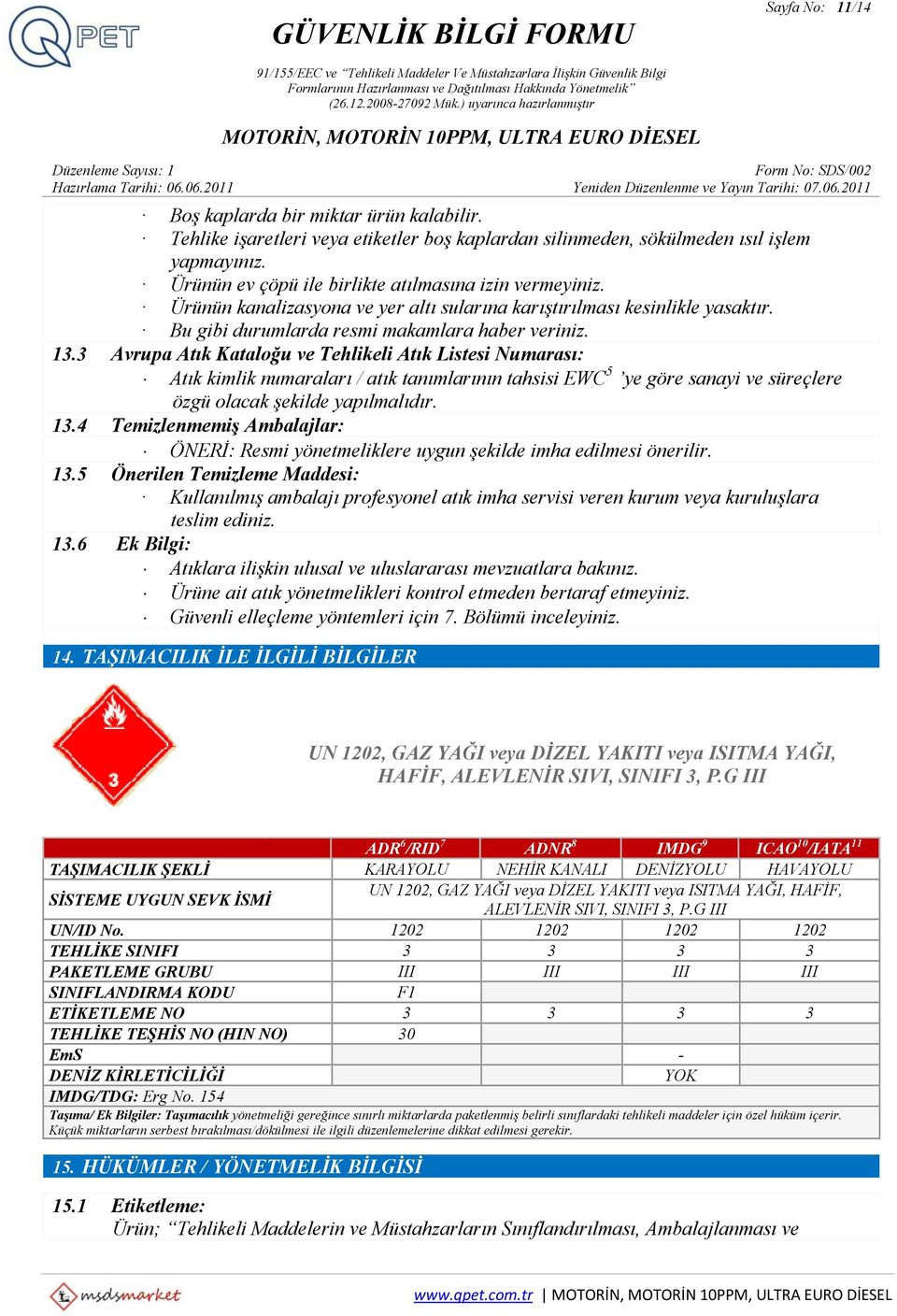 3 Avrupa Atık Kataloğu ve Tehlikeli Atık Listesi Numarası: Atık kimlik numaraları / atık tanımlarının tahsisi EWC 5 ye göre sanayi ve süreçlere özgü olacak şekilde yapılmalıdır. 13.