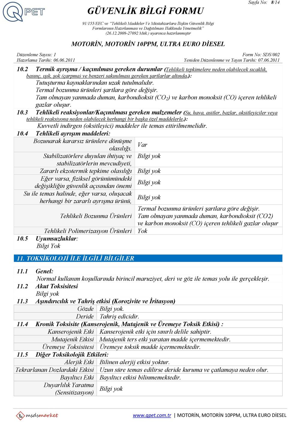 10.3 Tehlikeli reaksiyonlar/kaçınılması gereken malzemeler (Su, hava, asitler, bazlar, oksitleyiciler veya tehlikeli reaksiyona neden olabilecek herhangi bir başka özel maddelerle.