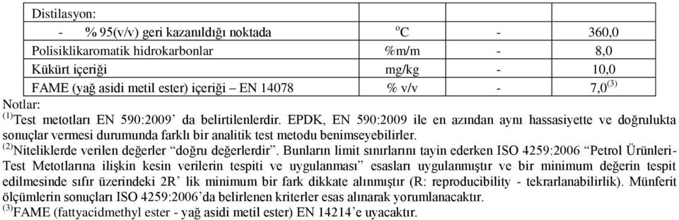 EPDK, EN 590:2009 ile en azından aynı hassasiyette ve doğrulukta sonuçlar vermesi durumunda farklı bir analitik test metodu benimseyebilirler. (2) Niteliklerde verilen değerler doğru değerlerdir.