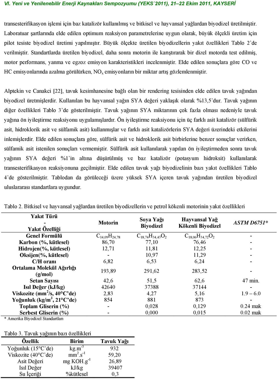 Büyük ölçekte üretilen biyodizellerin yakıt özellikleri Tablo 2 de verilmiştir.