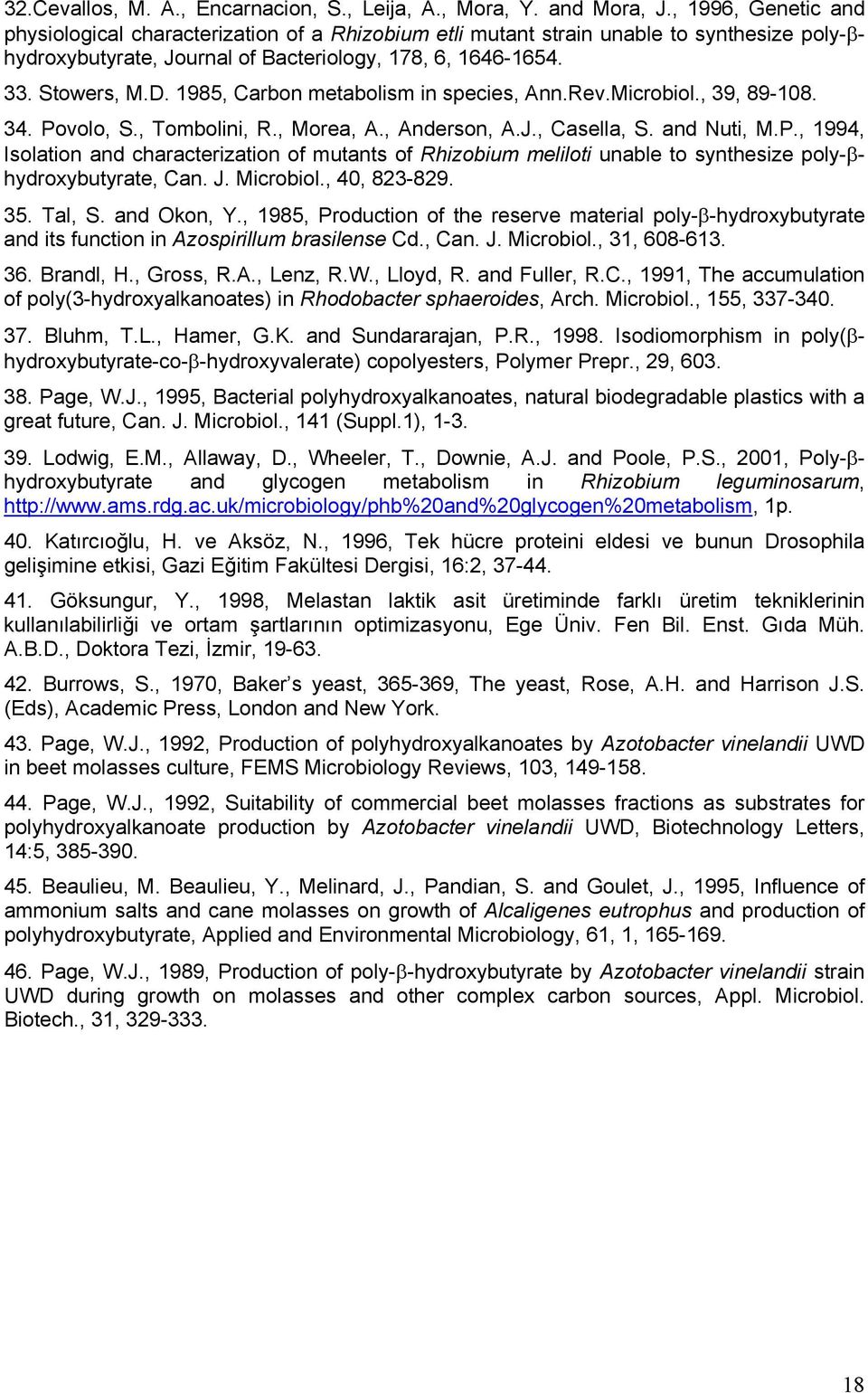 1985, Carbon metabolism in species, Ann.Rev.Microbiol., 39, 89-108. 34. Povolo, S., Tombolini, R., Morea, A., Anderson, A.J., Casella, S. and Nuti, M.P., 1994, Isolation and characterization of mutants of Rhizobium meliloti unable to synthesize poly-βhydroxybutyrate, Can.