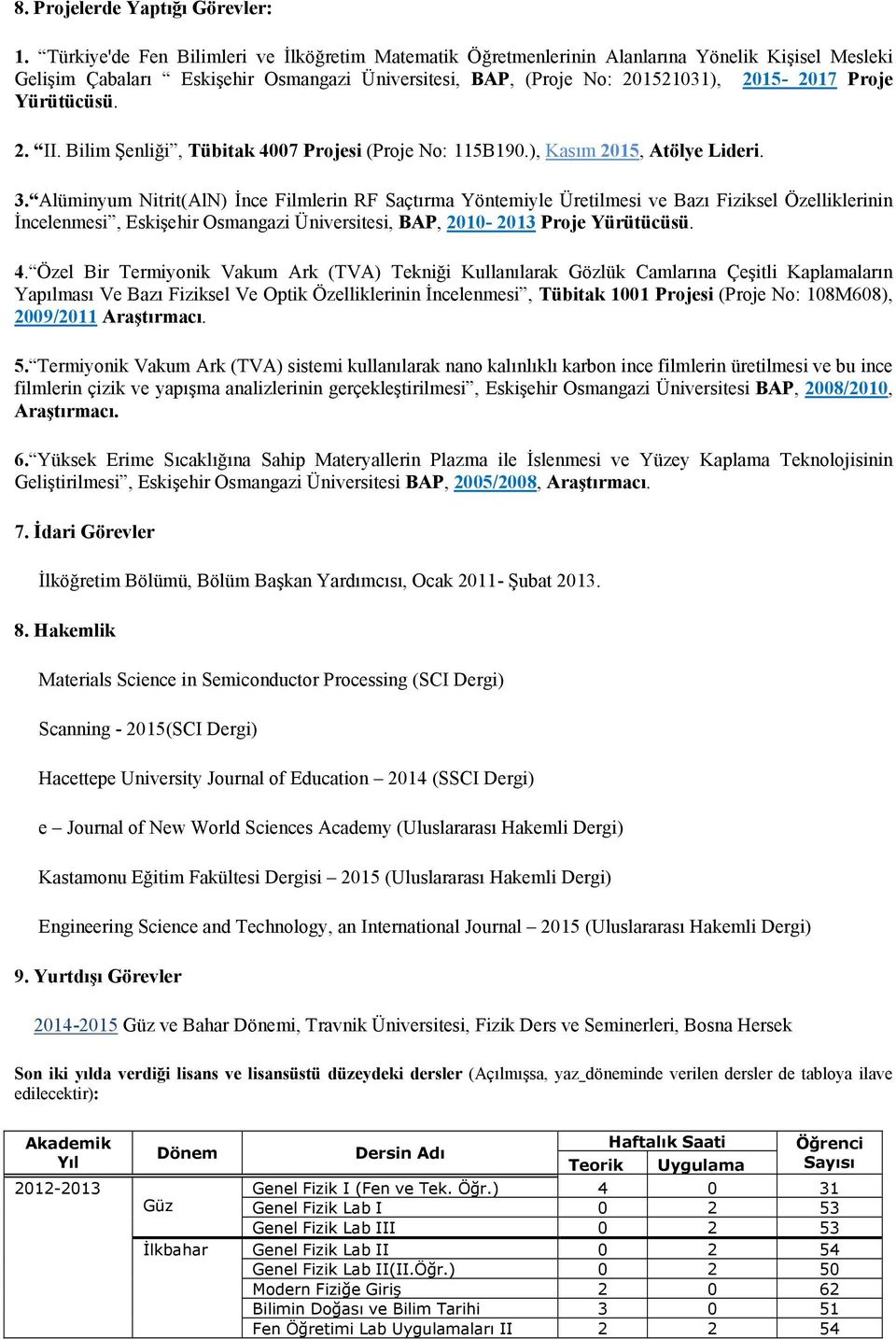 Yürütücüsü. 2. II. Bilim Şenliği, Tübitak 4007 Projesi (Proje No: 115B190.), Kasım 2015, Atölye Lideri. 3.