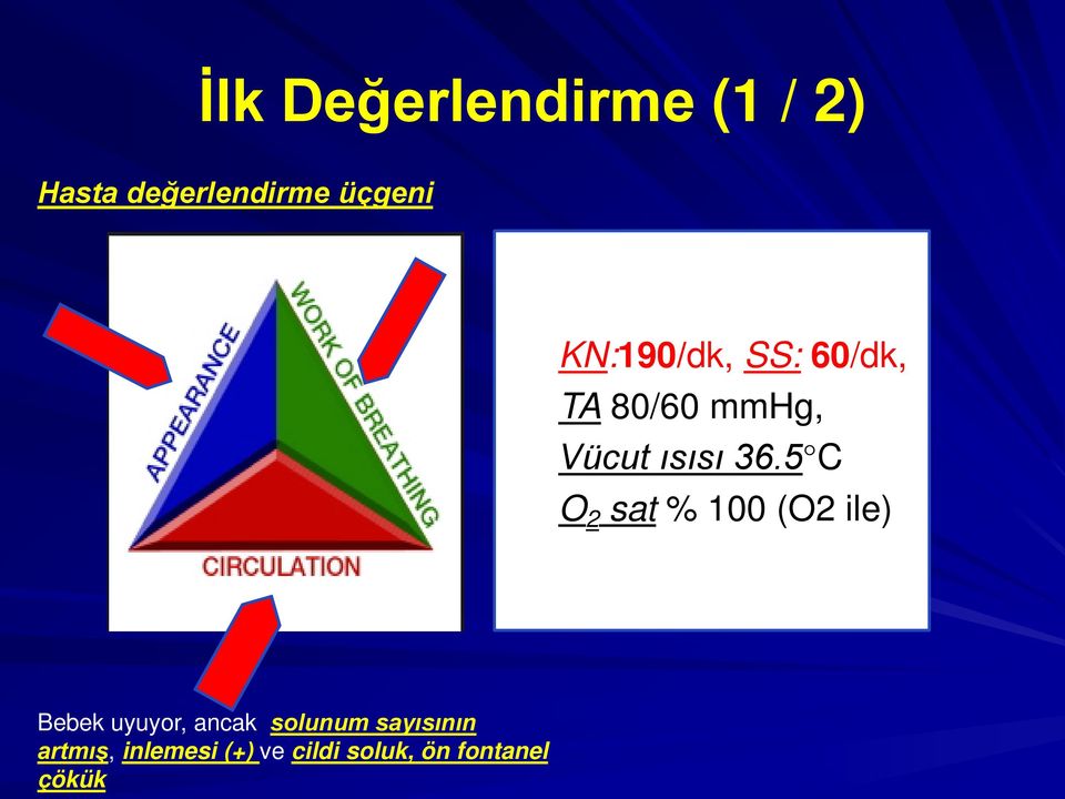 5 C O 2 sat % 100 (O2 ile) Bebek uyuyor, ancak solunum