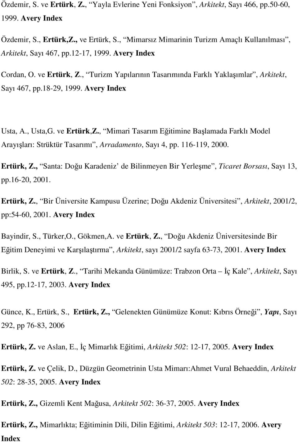 18-9, 1999. Avery Index Usta, A., Usta,G. ve Ertürk,Z., Mimari Tasarım Eğitimine Başlamada Farklı Model Arayışları: Strüktür Tasarımı, Arradamento, Sayı 4, pp. 11-119,. Ertürk, Z.