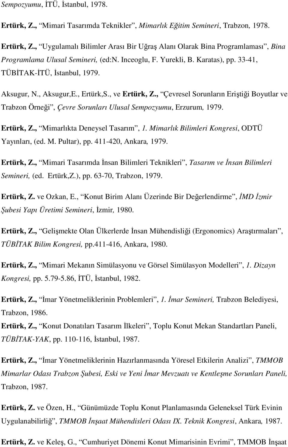 , Çevresel Sorunların Eriştiği Boyutlar ve Trabzon Örneği, Çevre Sorunları Ulusal Sempozyumu, Erzurum, 1979. Ertürk, Z., Mimarlıkta Deneysel Tasarım, 1.