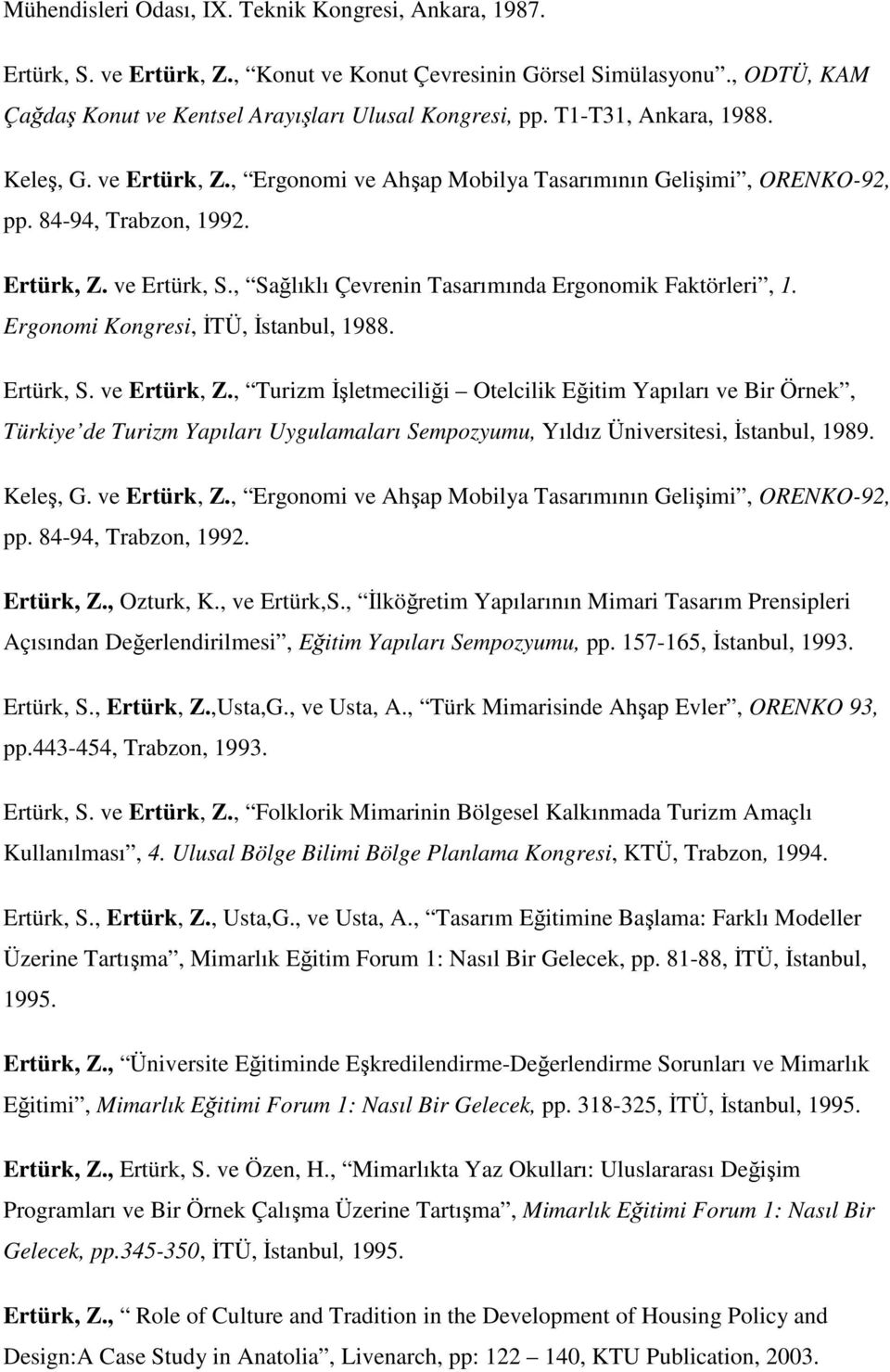 , Sağlıklı Çevrenin Tasarımında Ergonomik Faktörleri, 1. Ergonomi Kongresi, İTÜ, İstanbul, 1988. Ertürk, S. ve Ertürk, Z.