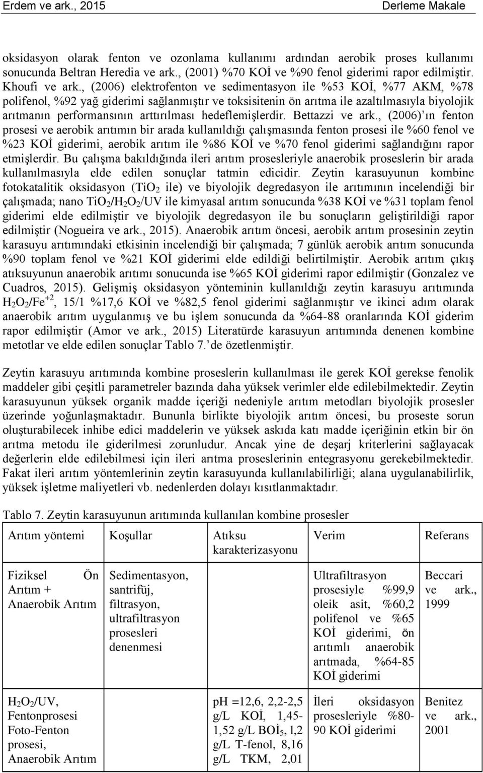 , (2006) elektrofenton ve sedimentasyon ile %53 KOİ, %77 AKM, %78 polifenol, %92 yağ sağlanmıştır ve toksisitenin ön arıtma ile azaltılmasıyla biyolojik arıtmanın performansının arttırılması