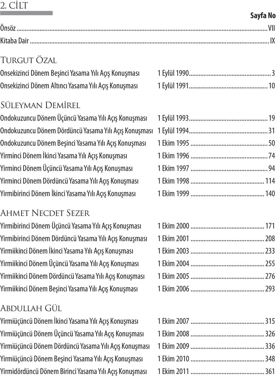 .. 31 Ondokuzuncu Dönem Beşinci Yasama Yılı Açış Konuşması 1 Ekim 1995... 50 Yirminci Dönem İkinci Yasama Yılı Açış Konuşması 1 Ekim 1996.