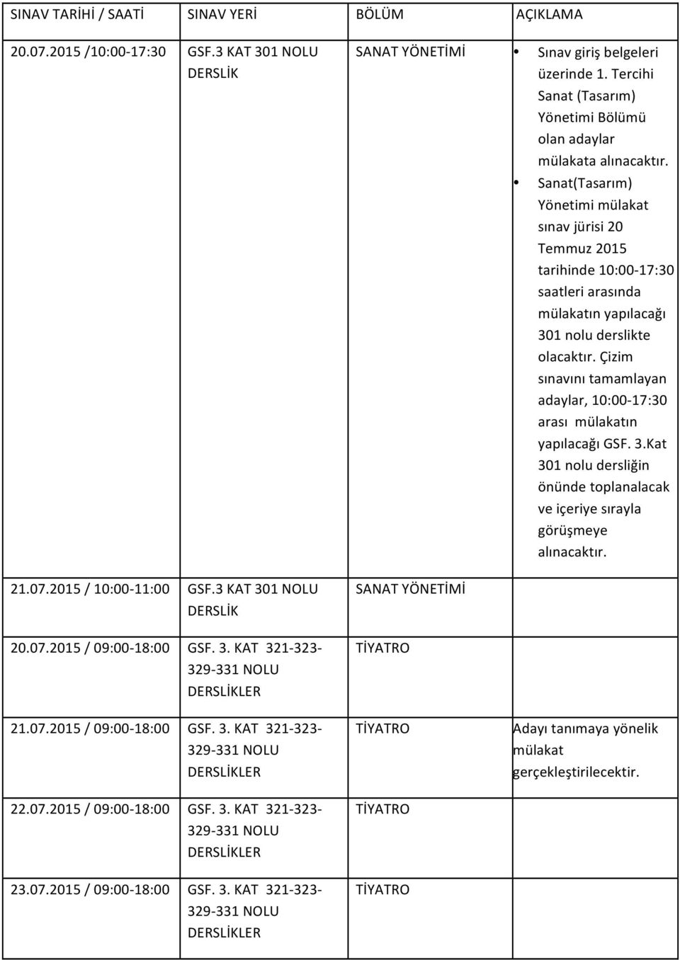 SANAT YÖNETİMİ Sanat(Tasarım) Yönetimi mülakat sınav jürisi 20 Temmuz 2015 tarihinde 10:00-17:30 saatleri arasında mülakatın yapılacağı 301 nolu derslikte olacaktır.