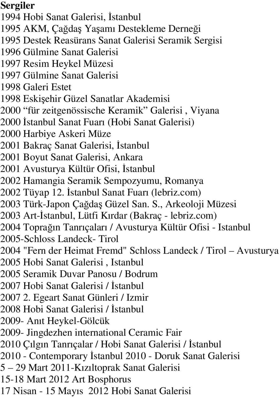 Müze 2001 Bakraç Sanat Galerisi, İstanbul 2001 Boyut Sanat Galerisi, Ankara 2001 Avusturya Kültür Ofisi, İstanbul 2002 Hamangia Seramik Sempozyumu, Romanya 2002 Tüyap 12. İstanbul Sanat Fuarı (lebriz.