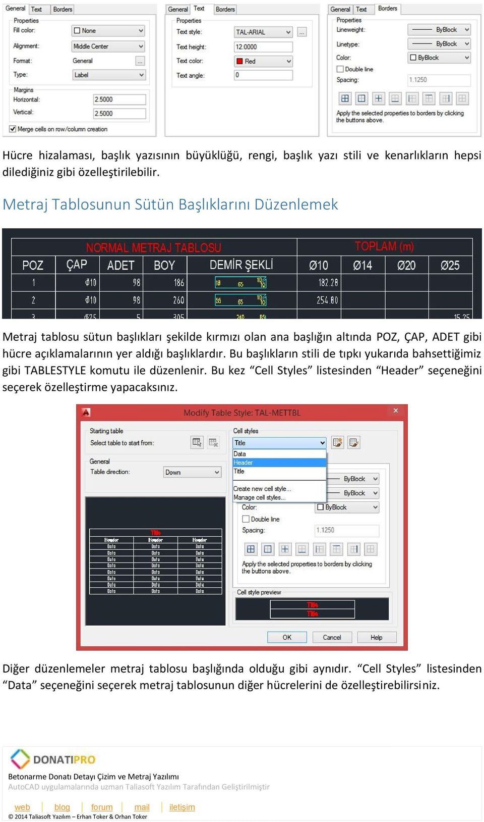 aldığı başlıklardır. Bu başlıkların stili de tıpkı yukarıda bahsettiğimiz gibi TABLESTYLE komutu ile düzenlenir.