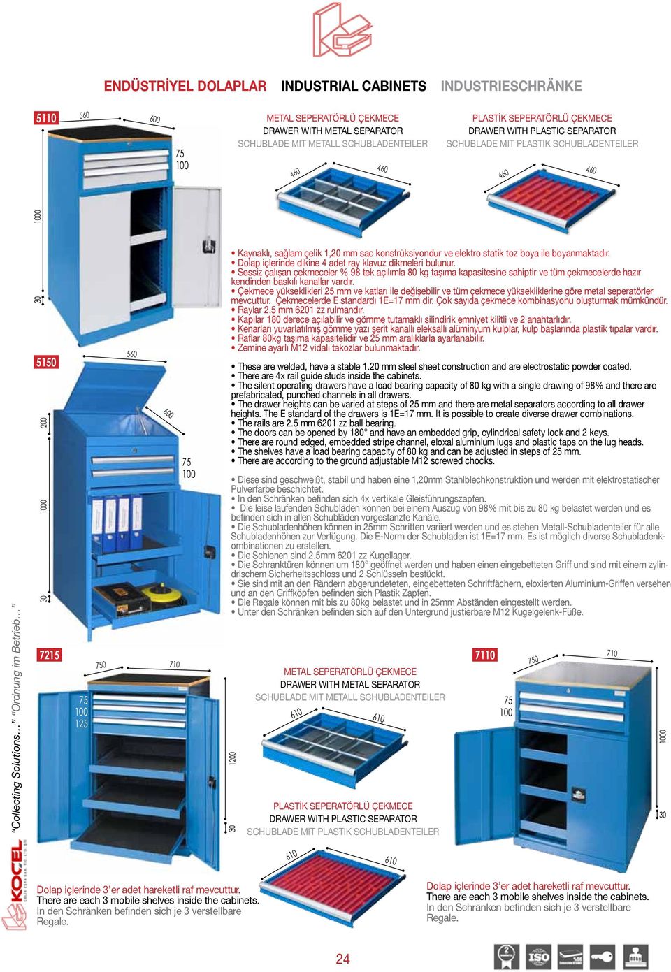 Sessiz çalışan çekmeceler % 98 tek açılımla 80 kg taşıma kapasitesine sahiptir ve tüm çekmecelerde hazır kendinden baskılı kanallar vardır.