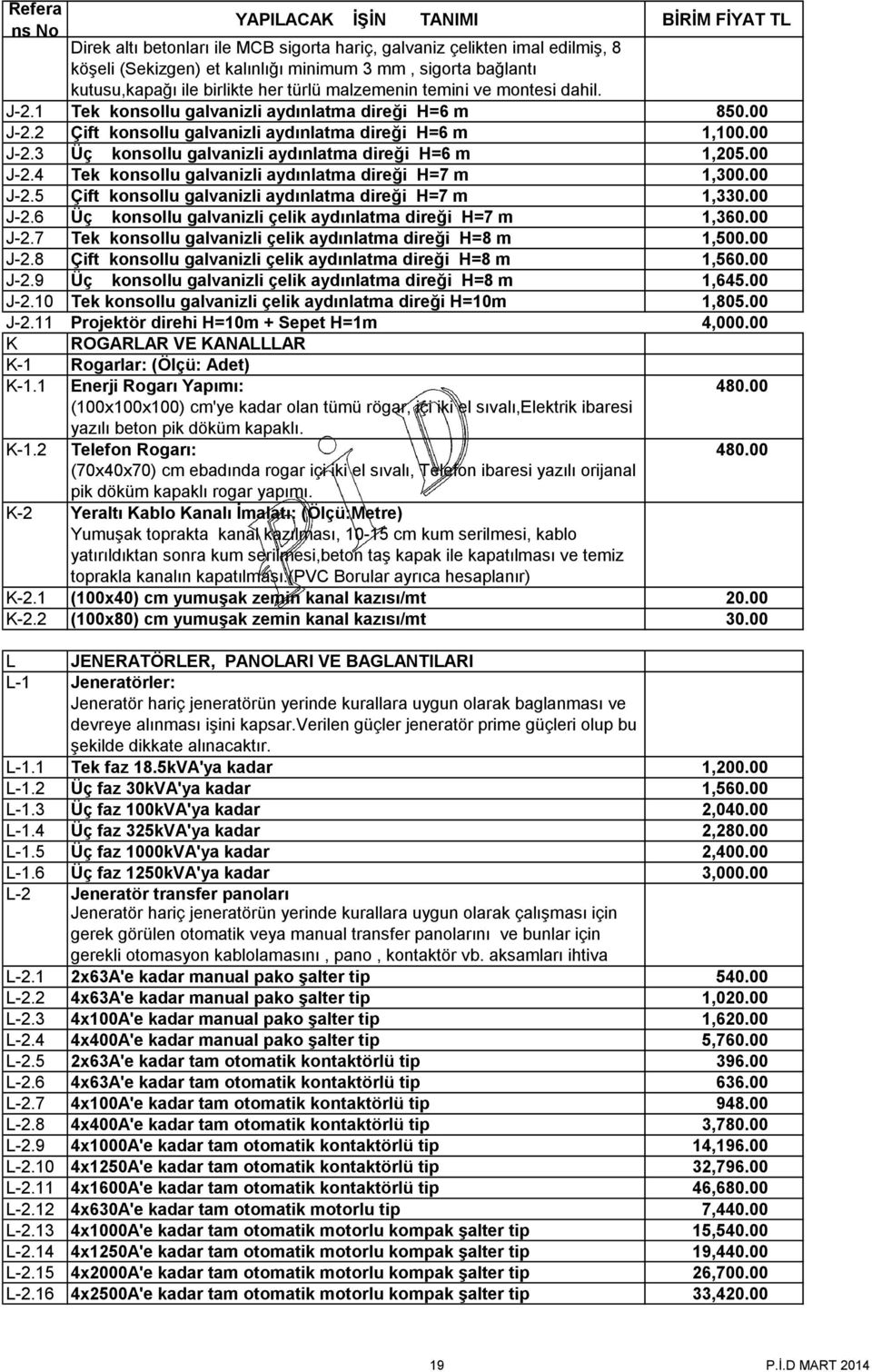 00 J-2.5 Çift konsollu galvanizli aydınlatma direği H=7 m 1,330.00 J-2.6 Üç konsollu galvanizli çelik aydınlatma direği H=7 m 1,360.00 J-2.7 Tek konsollu galvanizli çelik aydınlatma direği H=8 m 1,500.