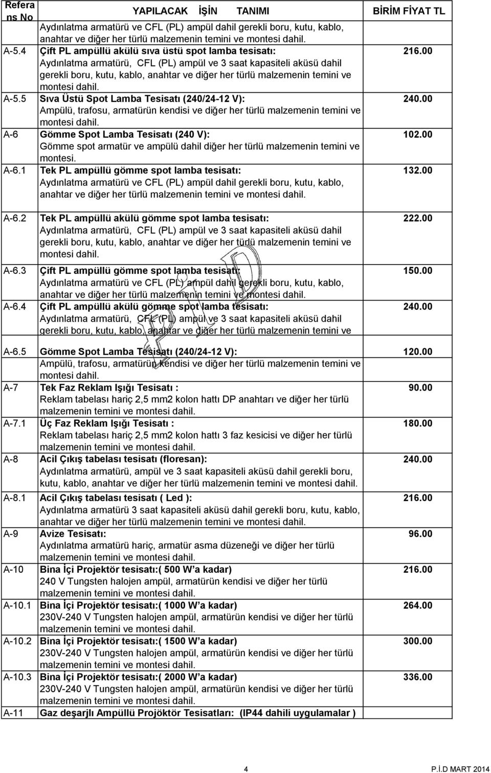 5 Sıva Üstü Spot Lamba Tesisatı (240/24-12 V): 240.00 Ampülü, trafosu, armatürün kendisi ve diğer her türlü malzemenin temini ve A-6 Gömme Spot Lamba Tesisatı (240 V): 102.